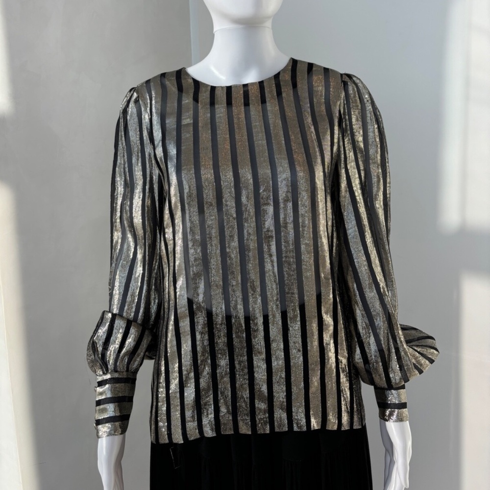 Chic Jill Stuart Silver Metallic and Black Striped Blouse